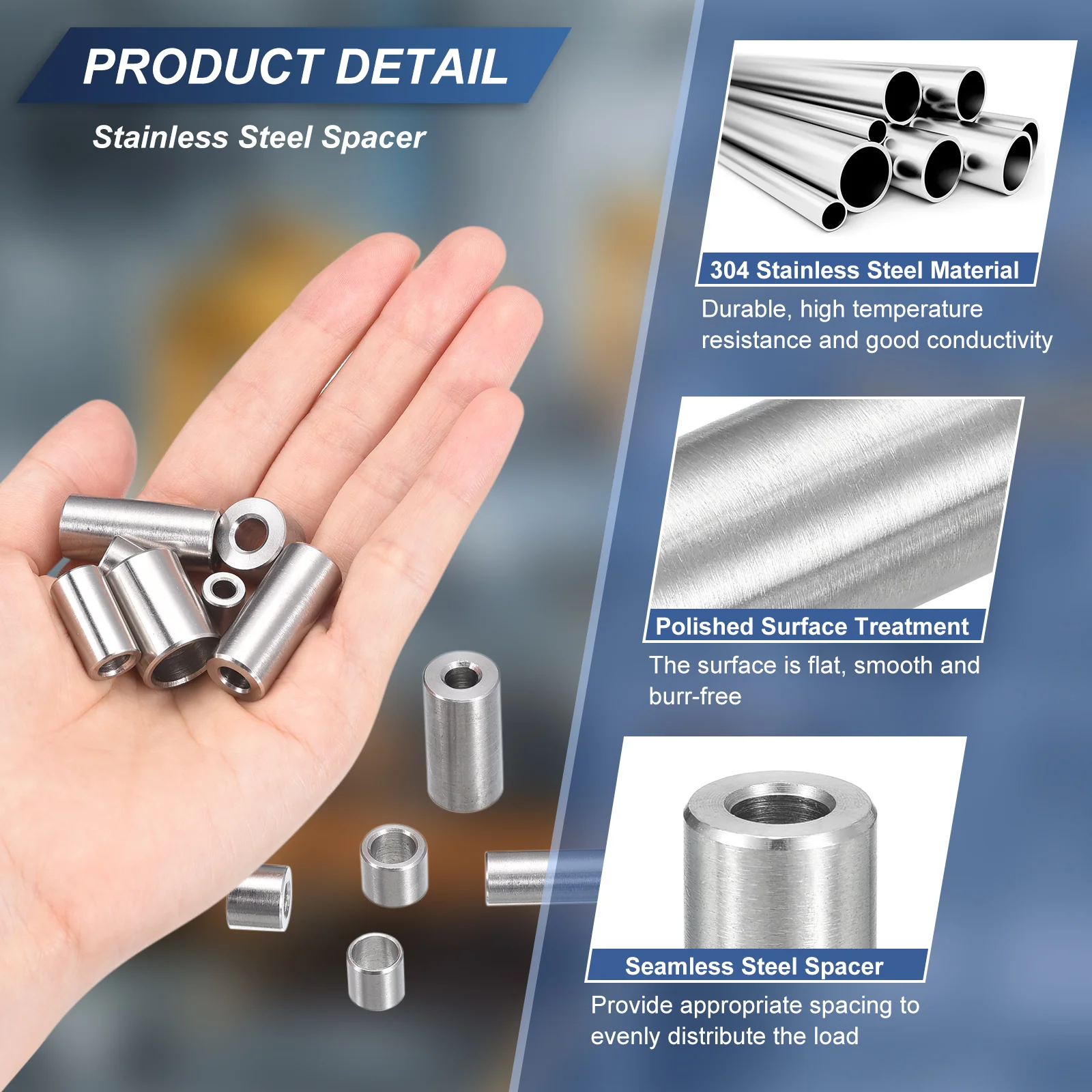 Uxcell 5 Pcs Stainless Steel Spacers, 8mm ID x 12mm OD x 3mmL 304 Stainless Steel Bushing Screw Standoff Unthreaded Round Spacer for 5/16" or M8 Screws Bolts Nuts - Image 3