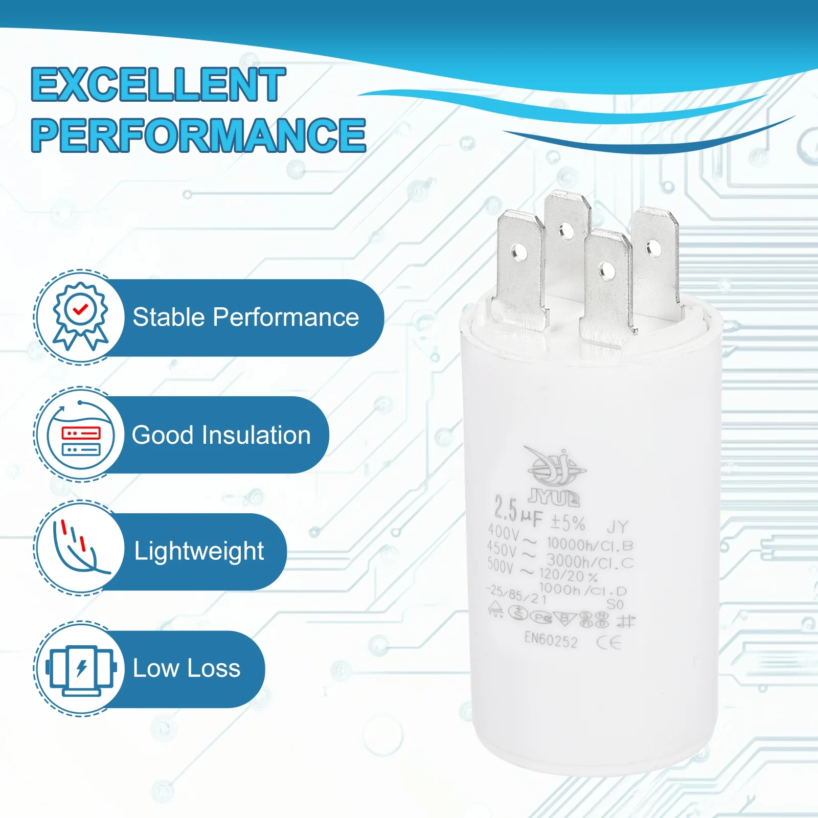 CBB60 2.5uF Run Capacitor,1 Pcs AC450V 4 Pin Double Insert with Sheath Spring - Image 4