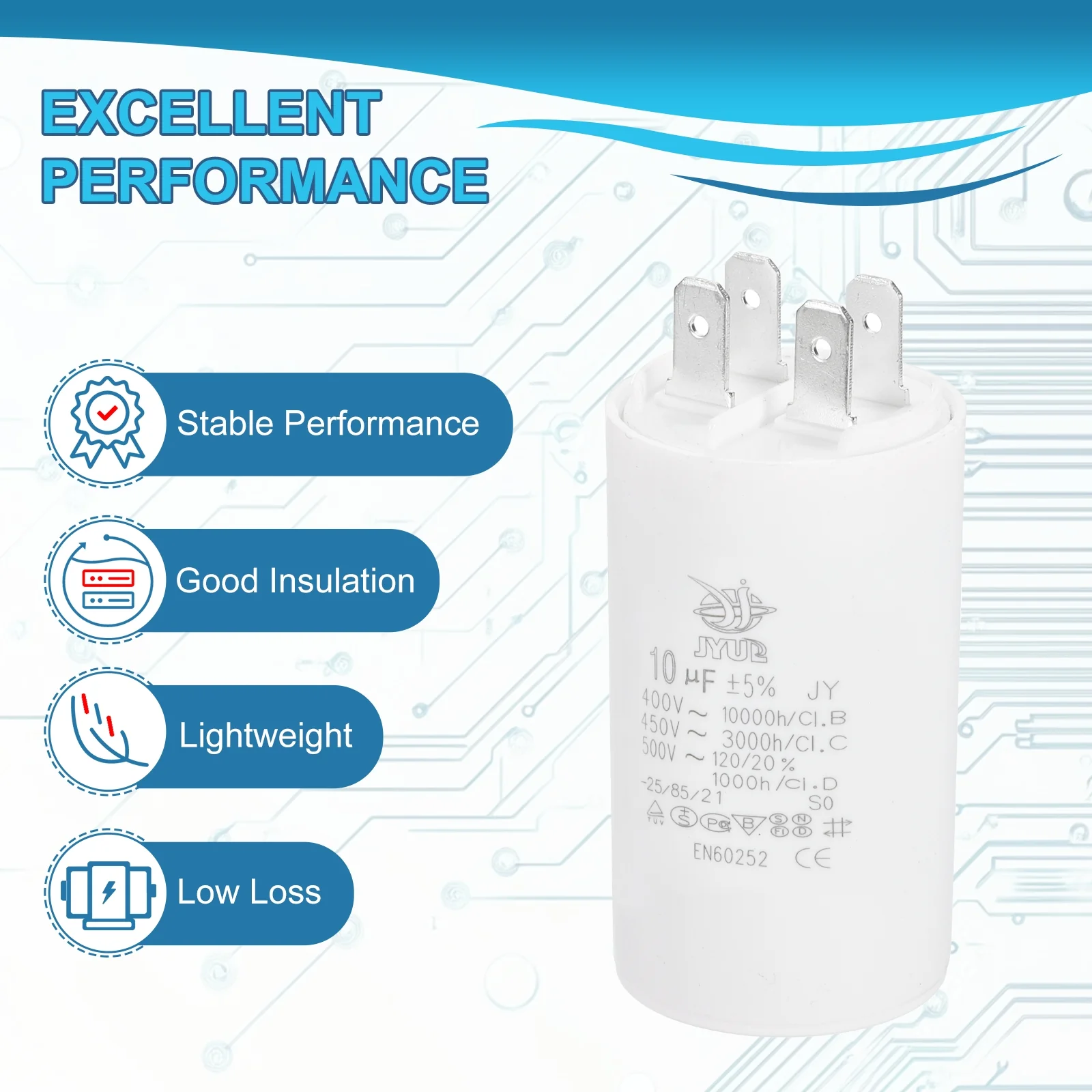 CBB60 10uF Run Capacitor,1 Pcs AC450V 4 Pin Double Insert with Sheath Spring - Image 4