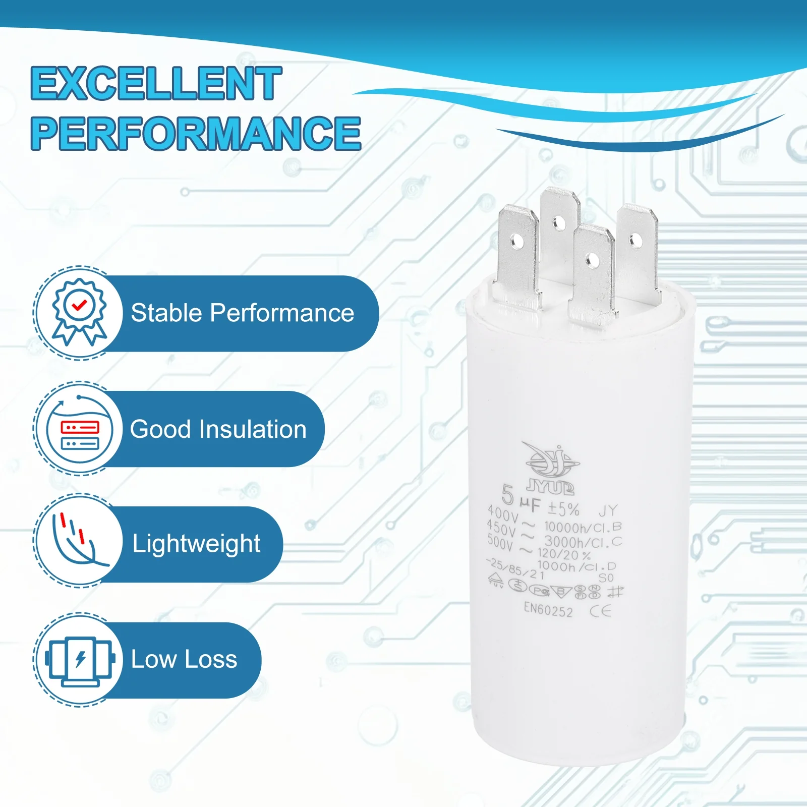 CBB60 5uF Run Capacitor,1 Pcs AC450V 4 Pin Double Insert with Sheath Spring - Image 4