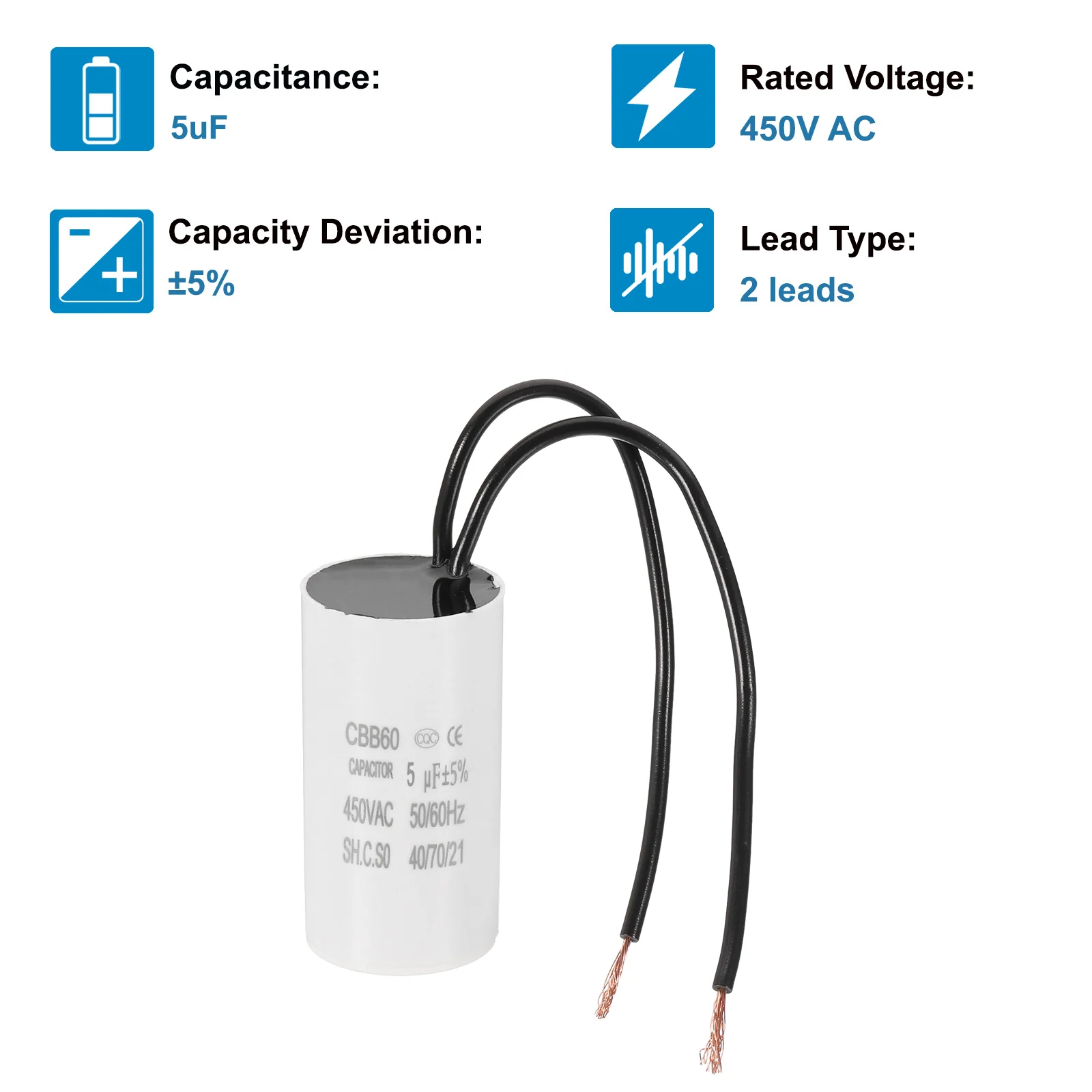 2 Pcs 5uF CBB60 Running Capacitor with 2 Wires, AC 450V Start Up Motor with Frequency of 50Hz/60Hz for Refrigerators, Washing Machines, Water Pumps, Air Compressors Pumps - Image 3