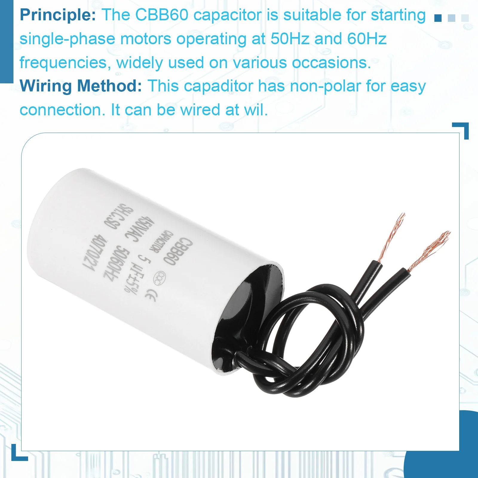 2 Pcs 5uF CBB60 Running Capacitor with 2 Wires, AC 450V Start Up Motor with Frequency of 50Hz/60Hz for Refrigerators, Washing Machines, Water Pumps, Air Compressors Pumps - Image 4