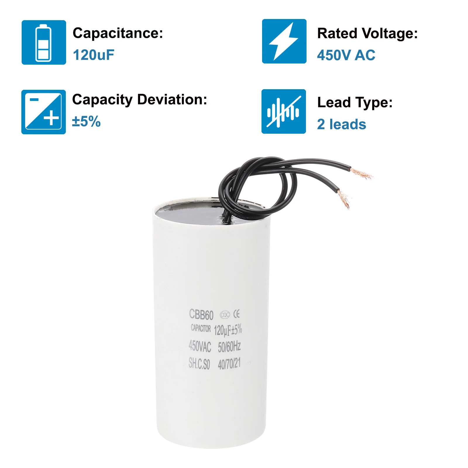 120uF CBB60 Running Capacitor, 2 Pcs Run Capacitor with 2 Wires, AC 450V Start Up Motor with Frequency of 50Hz/60Hz, Suitable for Air Compressors Pumps, White - Image 3