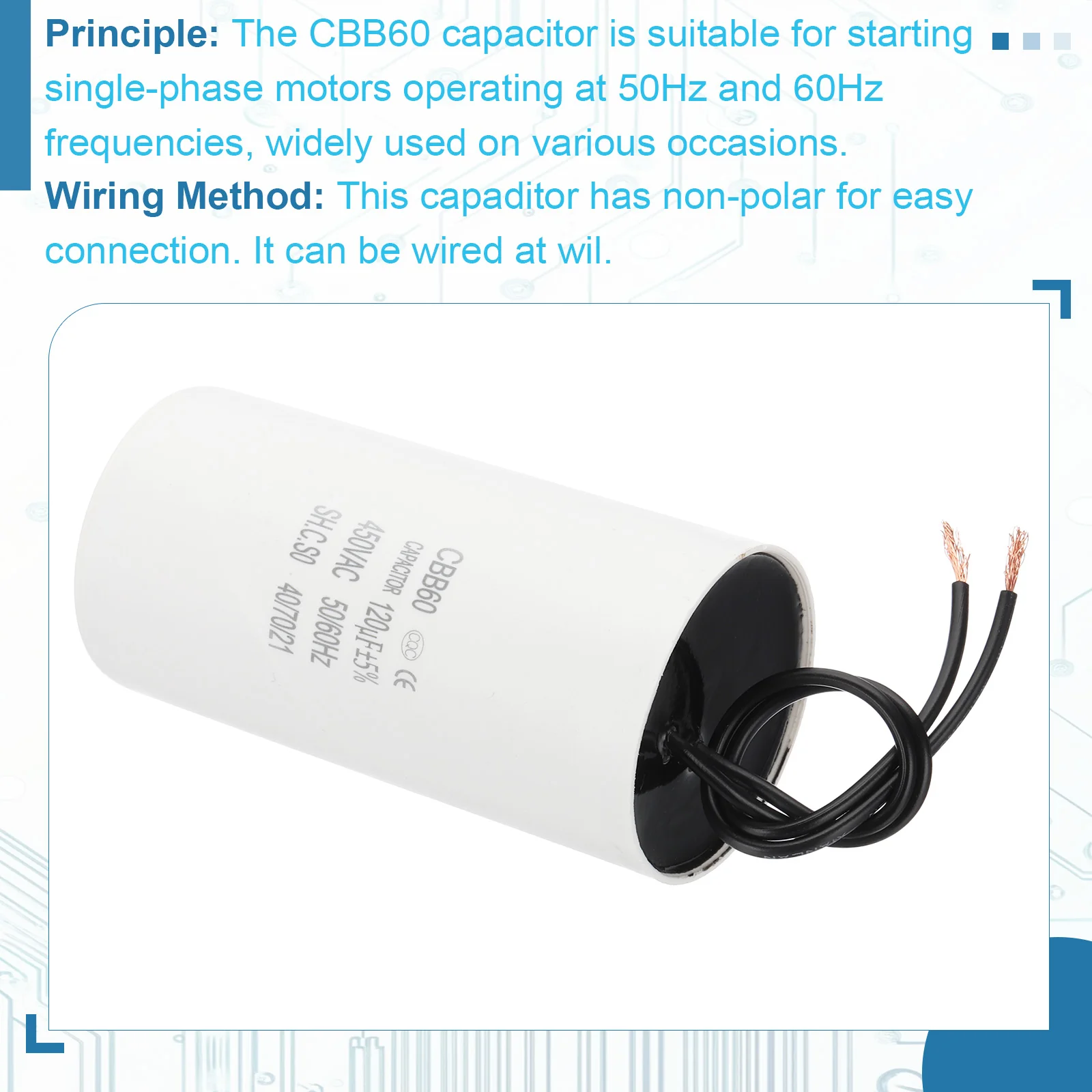 120uF CBB60 Running Capacitor, 2 Pcs Run Capacitor with 2 Wires, AC 450V Start Up Motor with Frequency of 50Hz/60Hz, Suitable for Air Compressors Pumps, White - Image 4