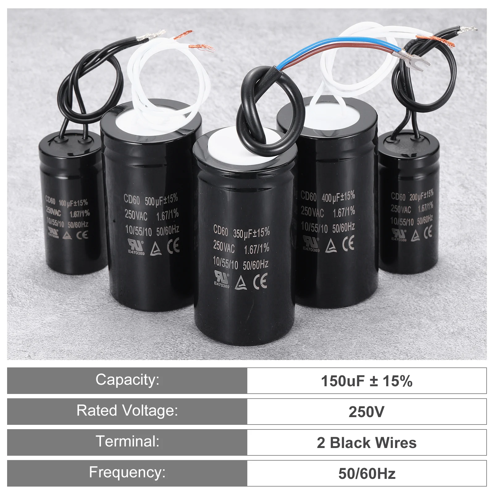 CD60 Run Capacitor, 150uF 250VAC 50/60Hz 2 Black Wires - Image 3