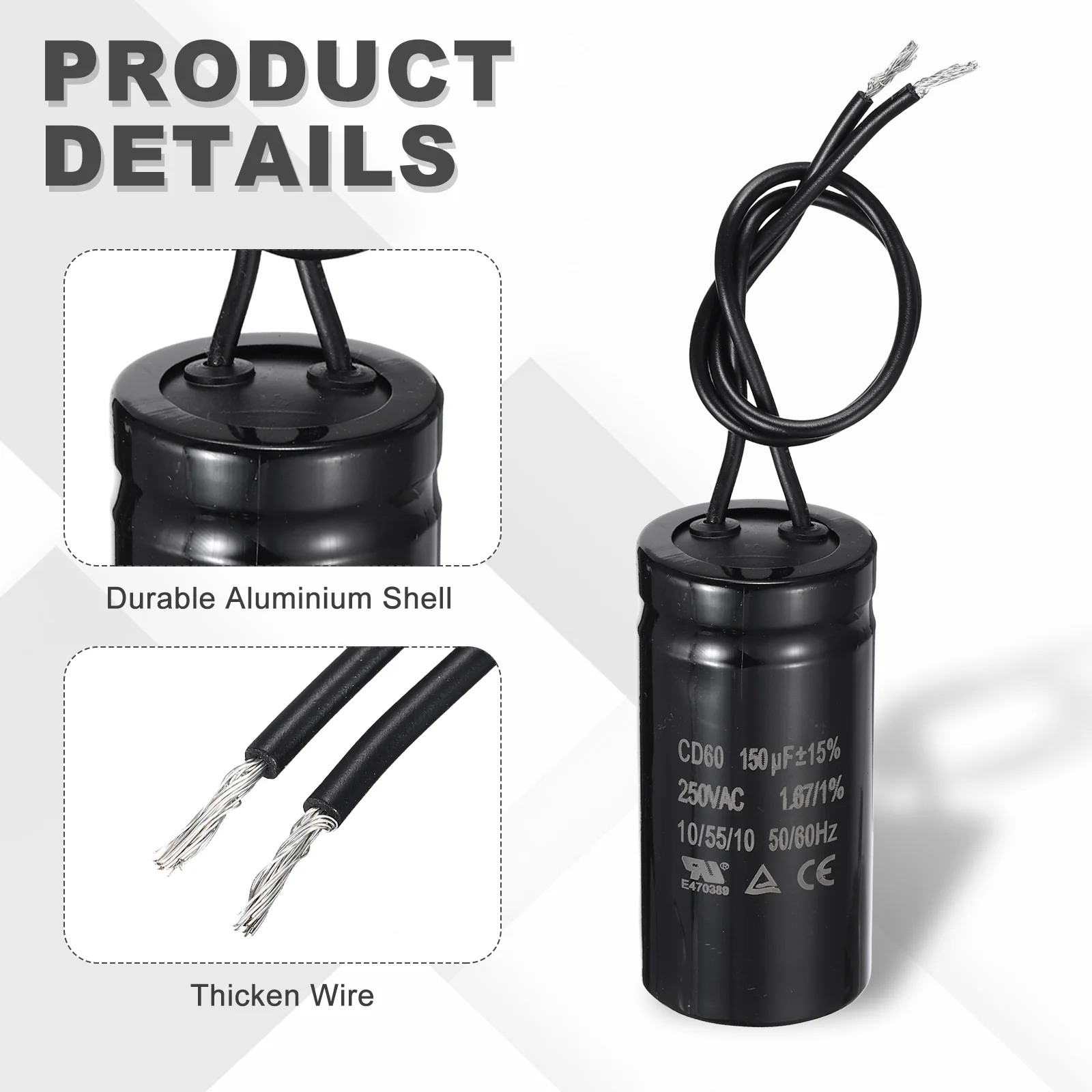 CD60 Run Capacitor, 150uF 250VAC 50/60Hz 2 Black Wires - Image 4