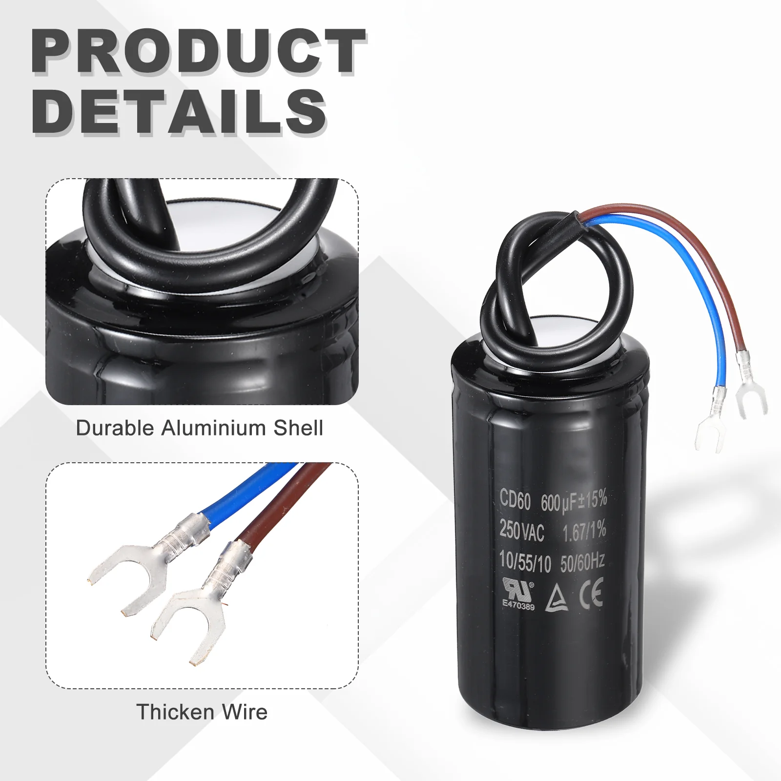 CD60 Run Capacitor, 600uF 250VAC 50/60Hz 2 Wires - Image 4